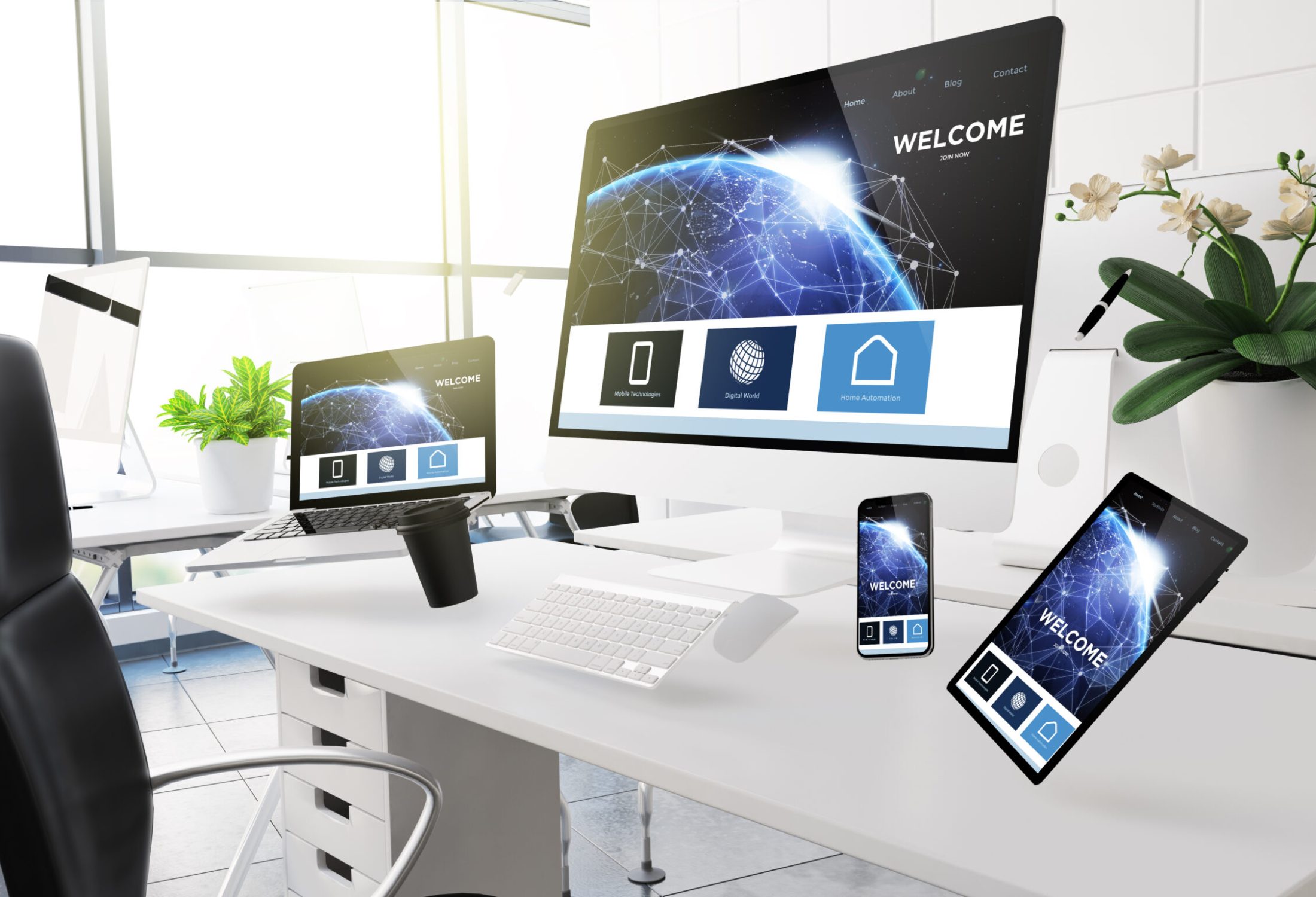 3d rendering mockup of computers, mobile devices and assorted office supplies floating  in mid-air at office showing landing page. Some elements furnished by NASA.